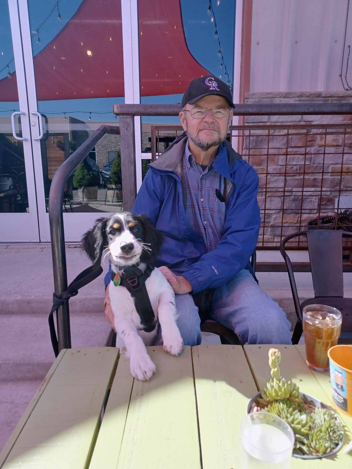 Bob sitting at an outdoor restaurant table with the dog and its paws up on the table